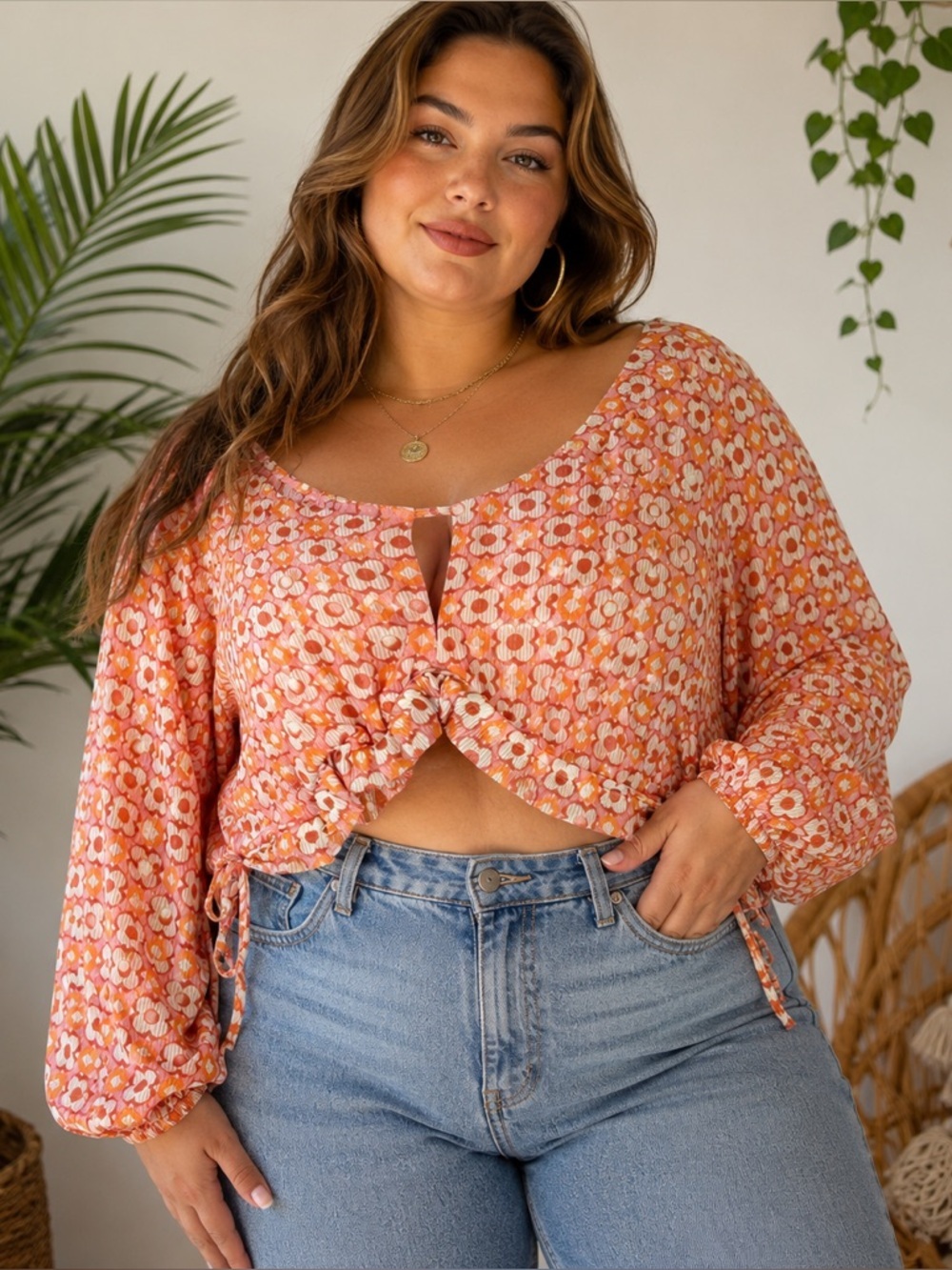 Madden NYC Women’s Plus Sz XXXL Retro Floral Twist Front Crop Top Pink Orange